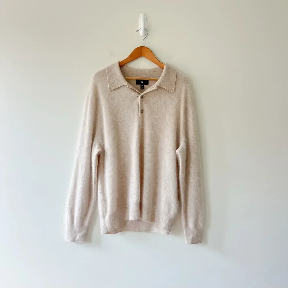 Banana Republic 100% Brushed Cashmere Oatmeal Cream Long Sleeve Polo Sweater